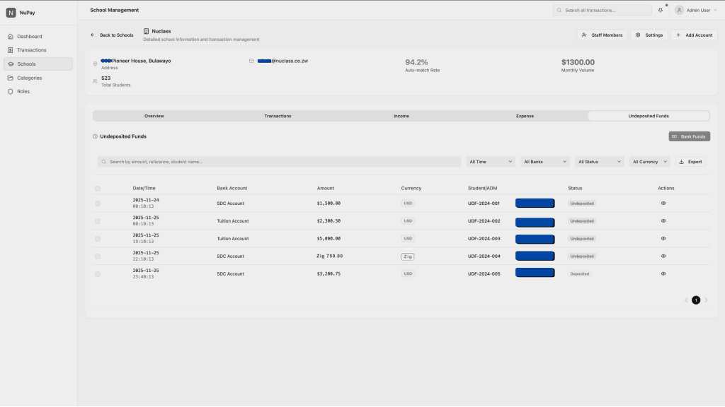 A screenshot of the NuPay interface from the NuClass school management portal.