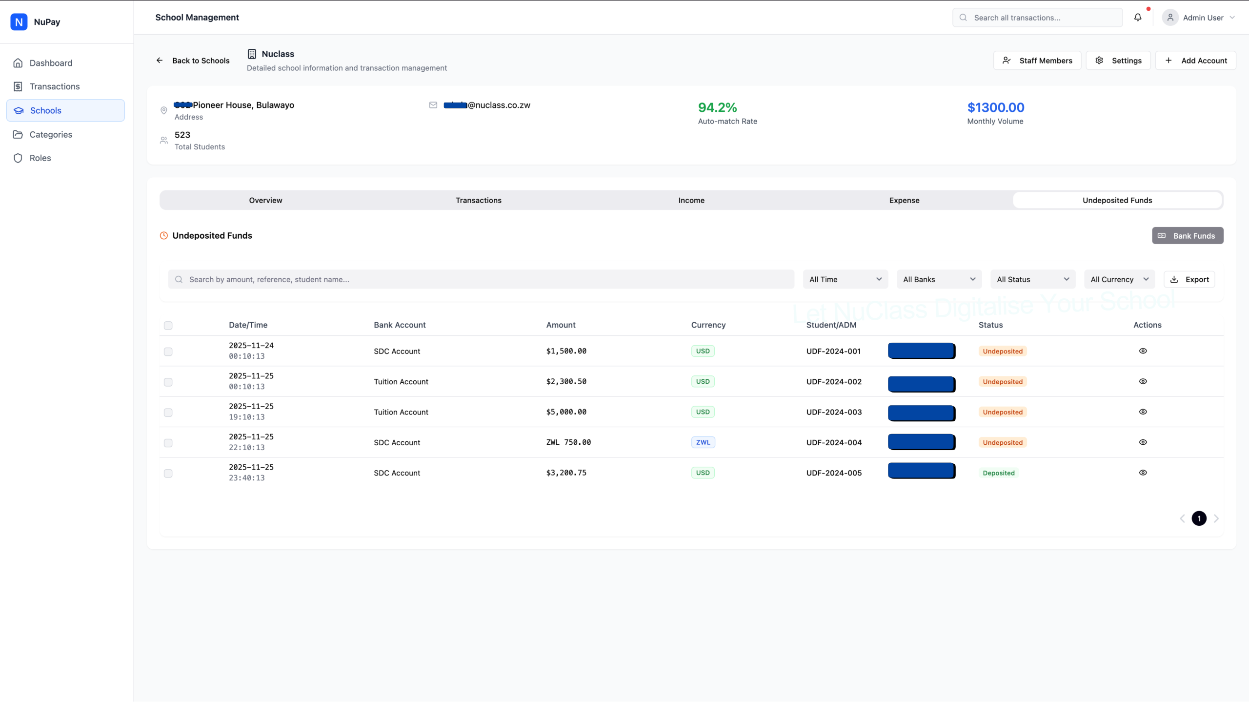 NuPay digital fees collection system showing automatic school fees transactions in Zimbabwe