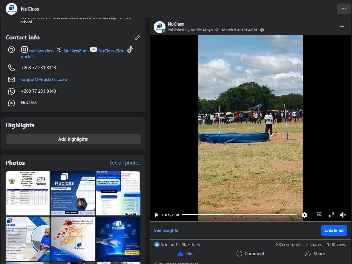 NuClass live streaming coverage of the Matabeleland South Provincial Athletics competition at Manama High School in 2026.